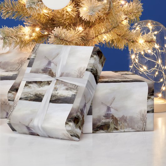 ヴィンテージ冬の風車の雪景色 ラッピングペーパー (クリスマス)