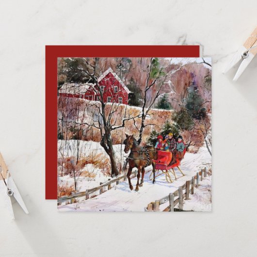 ヴィンテージ冬の馬と雪の中のそり カード (正面/裏面インサイチュ)