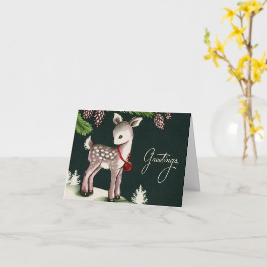 ヴィンテージ冬の鹿のクリスマス カード (黄色い花)