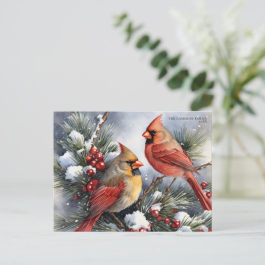 ヴィンテージ冬の(鳥)ショウジョウコウカンチョウ鳥雪のクリスマス シーズンポストカード (スタンド正面)