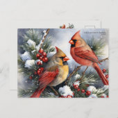 ヴィンテージ冬の(鳥)ショウジョウコウカンチョウ鳥雪のクリスマス シーズンポストカード (正面/裏面)