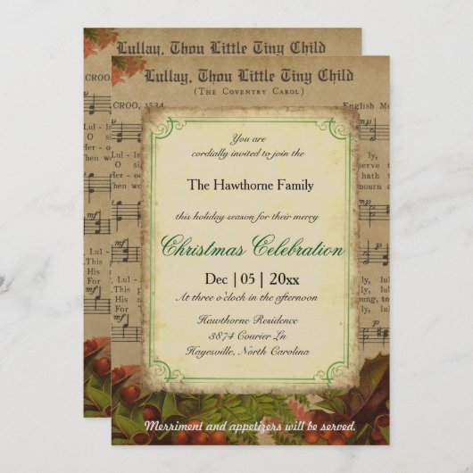 ヴィンテージ冬キャロル音楽シートクリスマスパーティー 招待状 (正面/裏面)