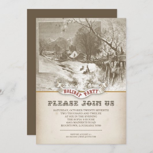 ヴィンテージ冬休みパーティー招待状 招待状 (正面/裏面)