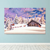 ヴィンテージ冬景色トナカイのログキャビン絵画ズ キャンバスプリント (インサイチュ (ウッドフロア))