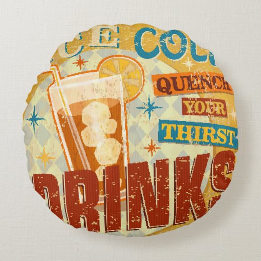 ヴィンテージ冷たい飲み物のメタルサイン。ヴィンテージ、ソーダ、 ラウンドクッション (正面)