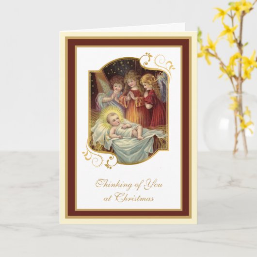 ヴィンテージ出生イエズス宗教的エンジェルズクリスマス カード (黄色い花)