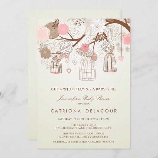 ヴィンテージ出産フローラベビースシャワー招待状 招待状 (正面/裏面)