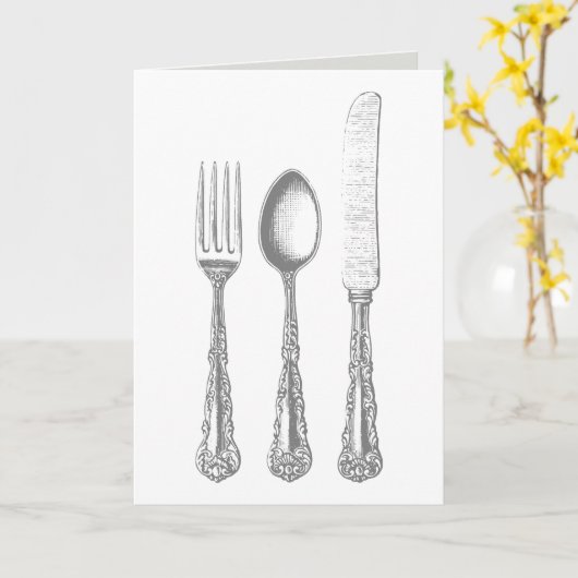 ヴィンテージ刃物フォーク,ナイフ,スプーン挨拶 カード (黄色い花)