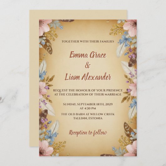 ヴィンテージ分与およびフローラ結婚式招待状 招待状 (正面/裏面)