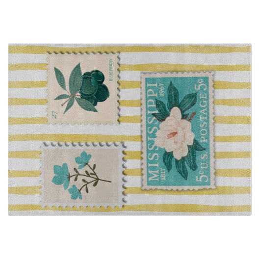 ヴィンテージ切手キッチンプリント | レトロ青 カッティングボード (正面)