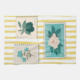 ヴィンテージ切手キッチンプリント | レトロ青 キッチンタオル