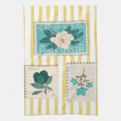 ヴィンテージ切手キッチンプリント | レトロ青 キッチンタオル (縦)