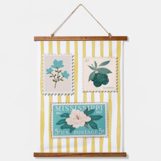 ヴィンテージ切手キッチンプリント | レトロ青 吊り下げ型タペストリー (正面)