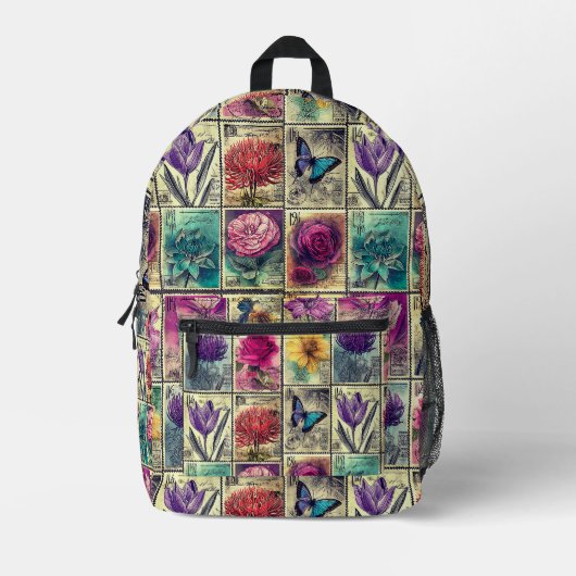 ヴィンテージ切手バッグ プリントバックパック (正面)