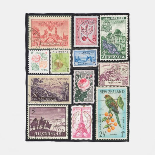 ヴィンテージ切手フローラフリースブランケット フリースブランケット (正面)