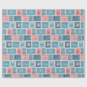 ヴィンテージ切手ブルーイラストレーションパターン ラッピングペーパー (フラット)