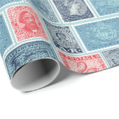 ヴィンテージ切手ブルーイラストレーションパターン ラッピングペーパー (ロールコーナー)