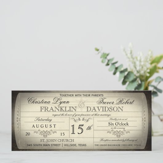 ヴィンテージ切符の結婚式招待状 招待状 (スタンド正面)