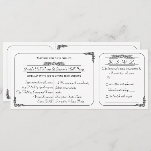 ヴィンテージ切符スタイルの結婚式招待状と出欠確認 招待状 (正面/裏面)