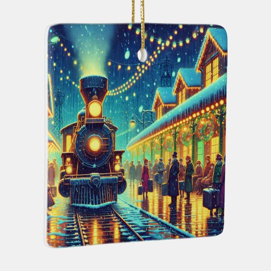 ヴィンテージ列車が雪の夜にパーソナライズされた セラミックオーナメント (右)