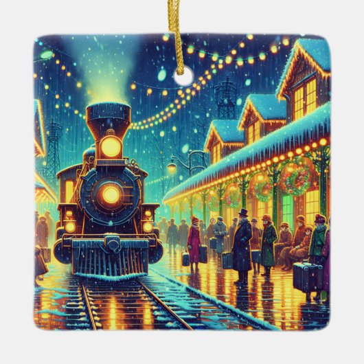 ヴィンテージ列車が雪の夜にパーソナライズされた セラミックオーナメント (正面)
