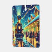 ヴィンテージ列車が雪の夜にパーソナライズされた メタルオーナメント (正面左)