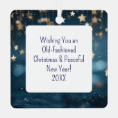 ヴィンテージ列車が雪の夜にパーソナライズされた メタルオーナメント (裏面)