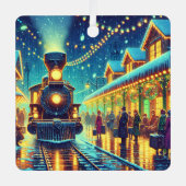 ヴィンテージ列車が雪の夜にパーソナライズされた メタルオーナメント (正面)