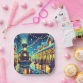 ヴィンテージ列車が雪の夜に ペーパープレート (パーティー)