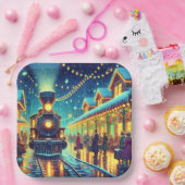 ヴィンテージ列車が雪の夜に ペーパープレート (パーティー)