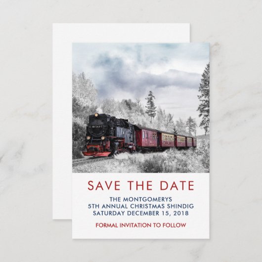 ヴィンテージ列車の冬のクリスマスシーン日付を保存 セーブザデート (正面/裏面)
