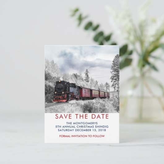 ヴィンテージ列車の冬のクリスマスシーン日付を保存 ポストカード (スタンド正面)