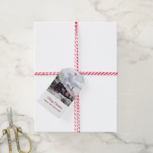 ヴィンテージ列車の冬のクリスマスシーン ギフトタグ (より糸付き)