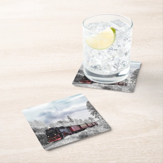 ヴィンテージ列車の冬のクリスマスシーン スクエアペーパーコースター (インサイチュ)