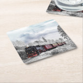 ヴィンテージ列車の冬のクリスマスシーン スクエアペーパーコースター (アングル)