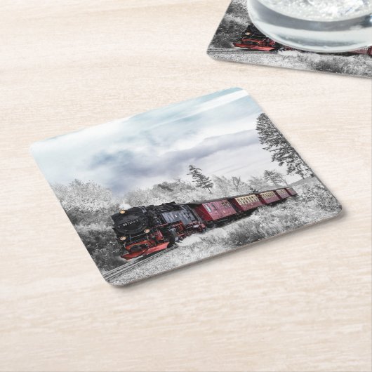 ヴィンテージ列車の冬のクリスマスシーン スクエアペーパーコースター (アングル)
