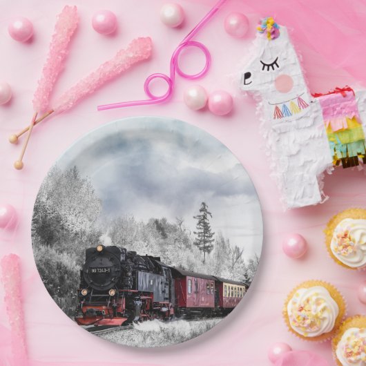 ヴィンテージ列車の冬のクリスマスシーン ペーパープレート (パーティー)