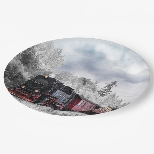 ヴィンテージ列車の冬のクリスマスシーン ペーパープレート (アングル)