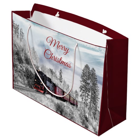 ヴィンテージ列車の冬のクリスマスシーン ラージペーパーバッグ (裏面アングル)
