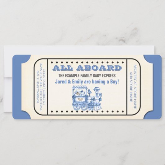 ヴィンテージ列車の切符 赤ちゃんの誕生をお祝いするパーティー（男の子用） 招待状 (正面)