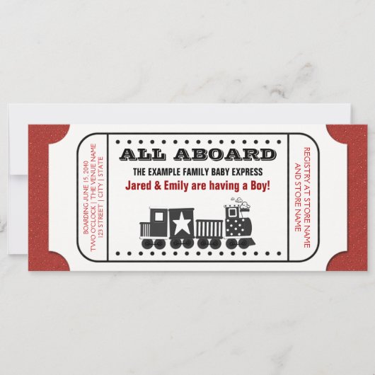 ヴィンテージ列車チケットベビーシャワー招待状 招待状 (正面)