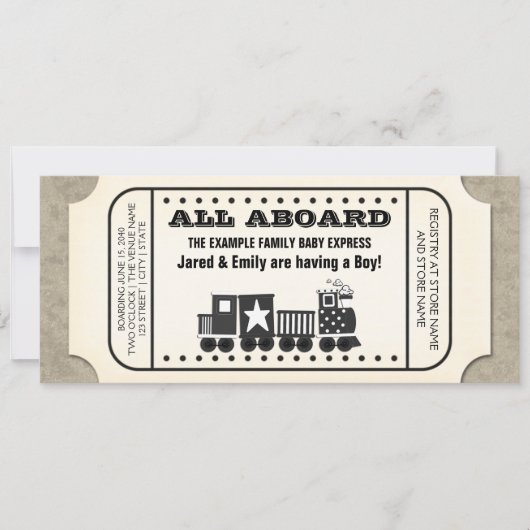ヴィンテージ列車チケットベビーシャワー 招待状 (正面)