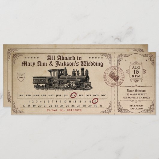 ヴィンテージ列車チケット結婚式招待状 招待状 (正面/裏面)