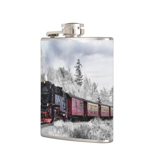 ヴィンテージ列車旅行が冬の風景を通る フラスク (左)