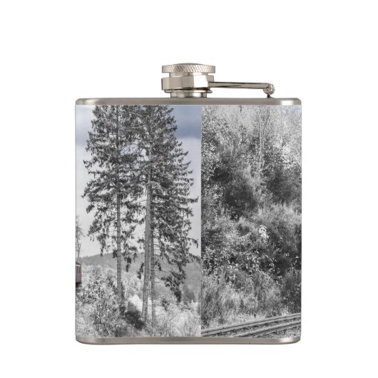 ヴィンテージ列車旅行が冬の風景を通る フラスク (裏面)