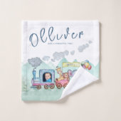 ヴィンテージ列車輸送誕生日水彩写真 バスタオルセット (ウォッシュタオル)