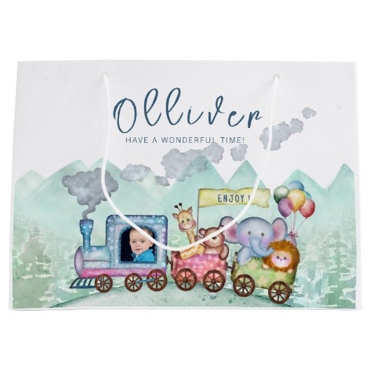 ヴィンテージ列車輸送誕生日水彩写真 ラージペーパーバッグ (正面)