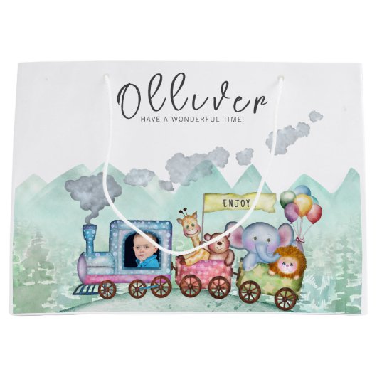 ヴィンテージ列車輸送誕生日水彩写真 ラージペーパーバッグ (正面)