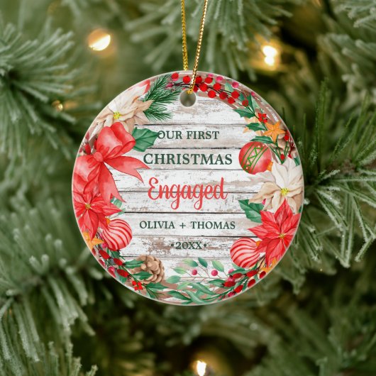 ヴィンテージ初めてのクリスマスエンゲージリースポインセチア セラミックオーナメント (ツリー)