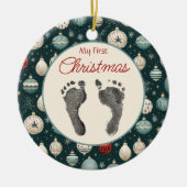 ヴィンテージ初めてのクリスマスベビーの足プリント セラミックオーナメント (正面)